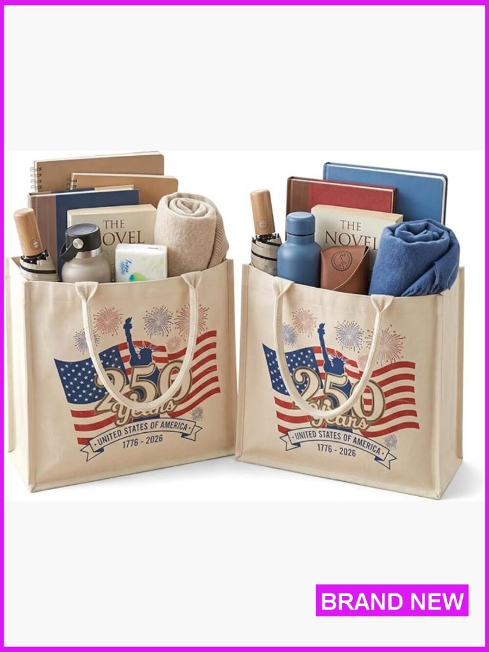 250th USA Anniversary Tote Bag Heavy Duty Laminated Canvas Patriotic Gusset